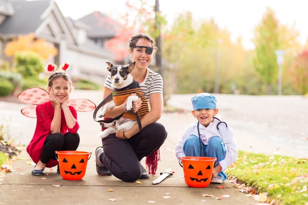 Dog in Halloween costume with Family.